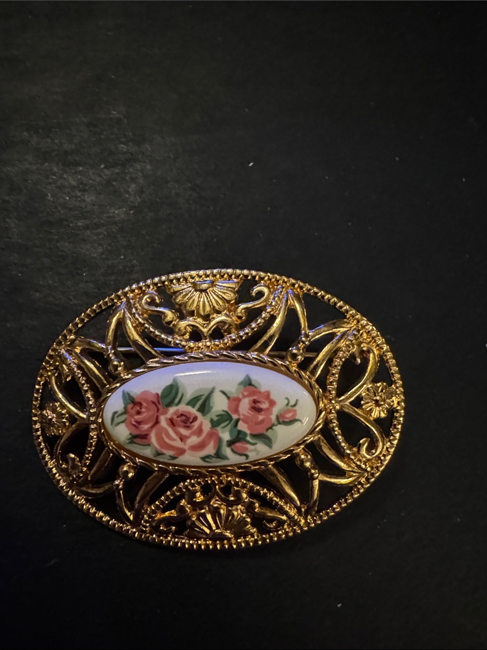 Gold Floral Filigree Brooch with Pink Rose Porcelain Center